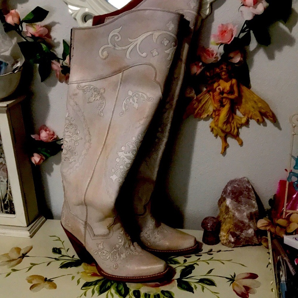 Dan Post Women's Over-the-Knee Embroidered Boots in Light Beige
